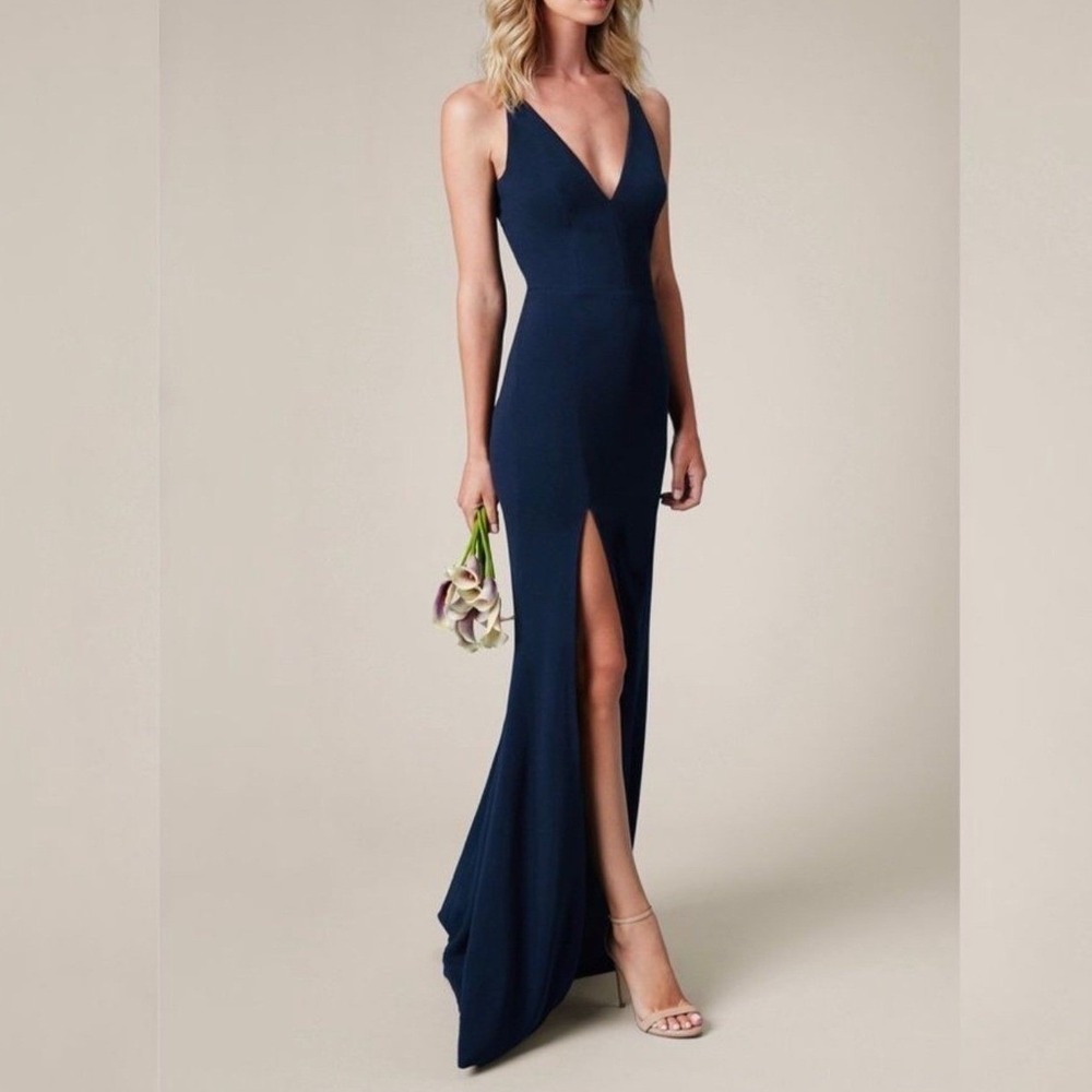 Dress The Population Iris Gown XS Navy Blue Crepe V-Neck Side Slit Formal Event